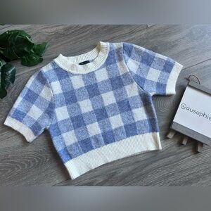 Debut Super Soft Blue & White Checked Crewneck Cropped Sweater Top. Size S/M